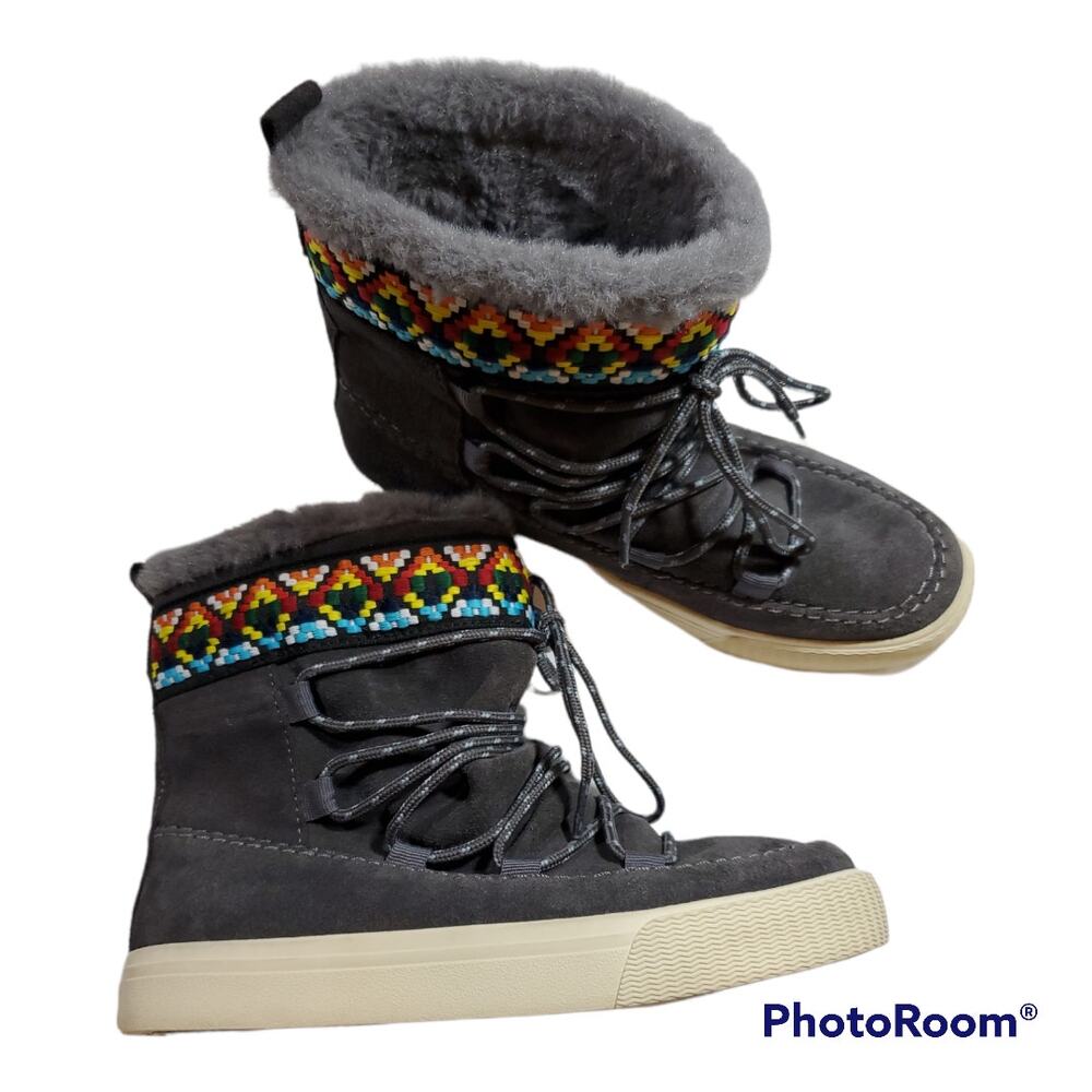 TOMS | Alpine Gray Suede Lace Up Faux Fur Ankle Sneaker Boots | Size 6 - Picture 2 of 6